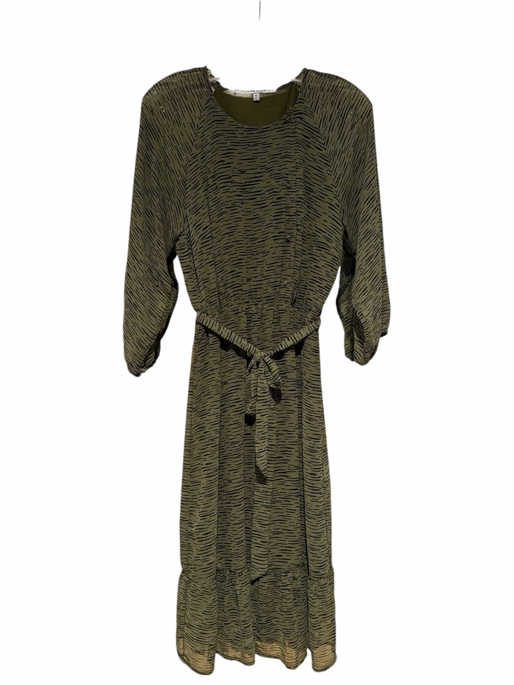 Collective Concepts Olive and Black Patterned Midi Dress with Tie Waist